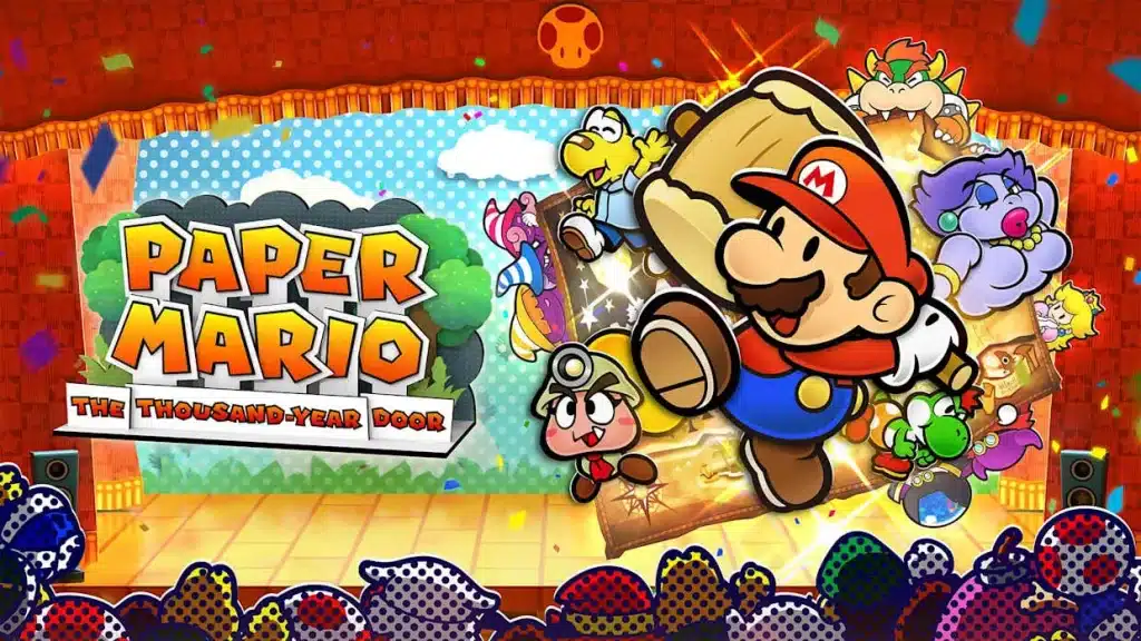 Paper Mario jumping with partners in Thousand-Year Door, colorful stage backdrop with confetti and characters