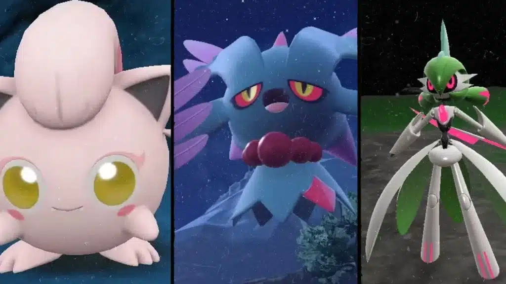 Paradox Pokemon Scream Tail, Flutter Mane, and Iron Valiant shown with their ancient and futuristic Fairy type designs