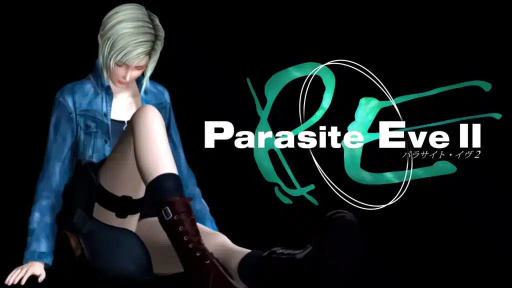 Parasite Eve II artwork with Aya Brea sitting against a dark background, featuring stylized logo and minimal design