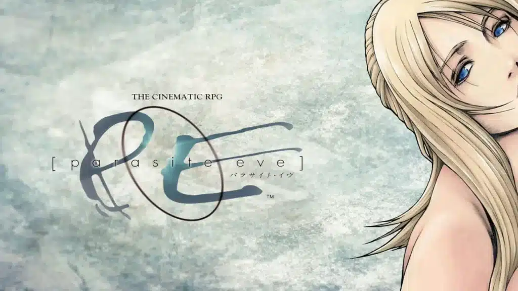 Parasite Eve artwork with Aya Brea on the side and minimalist logo design over a textured background