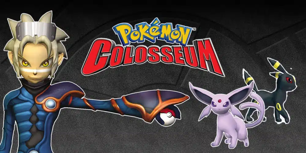 Pokemon Colosseum artwork showing trainer with Espeon and Umbreon, holding a Pokeball under game logo