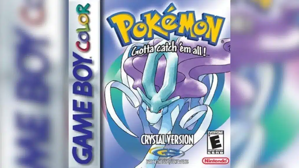 Pokemon Crystal Version artwork featuring Suicune, a blue canine legendary with flowing white ribbons and purple mane, next to the Pokemon logo
