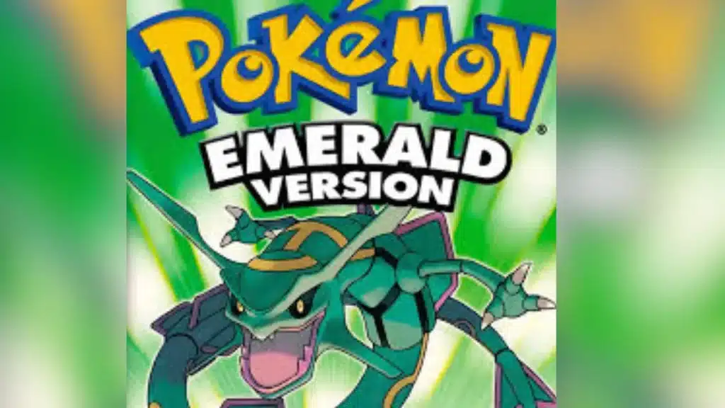 Pokémon Emerald cover art featuring the dragon Rayquaza on a green background. (2)