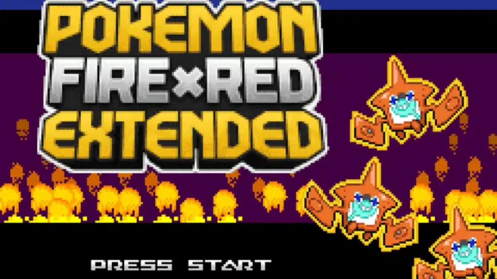 Pokémon FireRed Extended title screen with bold logo, pixel flames background, and Rotom sprites on the right