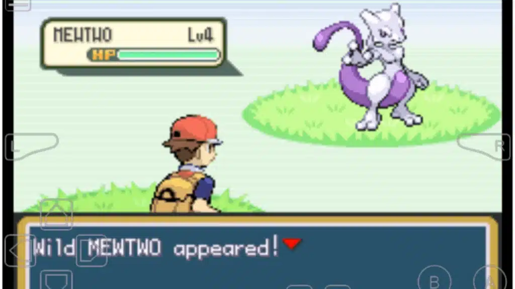Pokémon FireRed battle screen showing wild Mewtwo appearing against a trainer with health bar and dialogue box