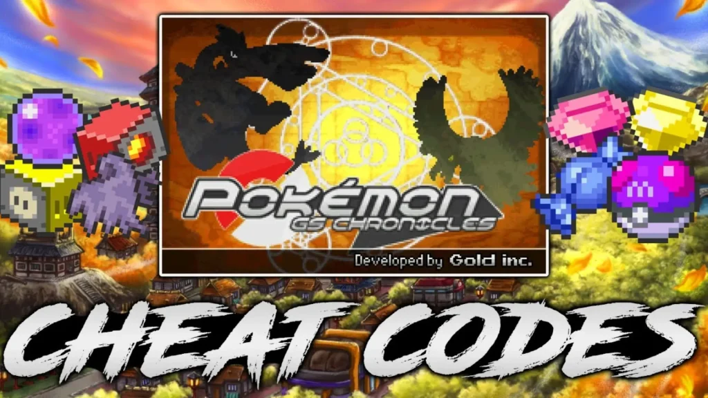 Pokemon GS Chronicles screen with silhouettes, items, and cheat codes text on colorful background