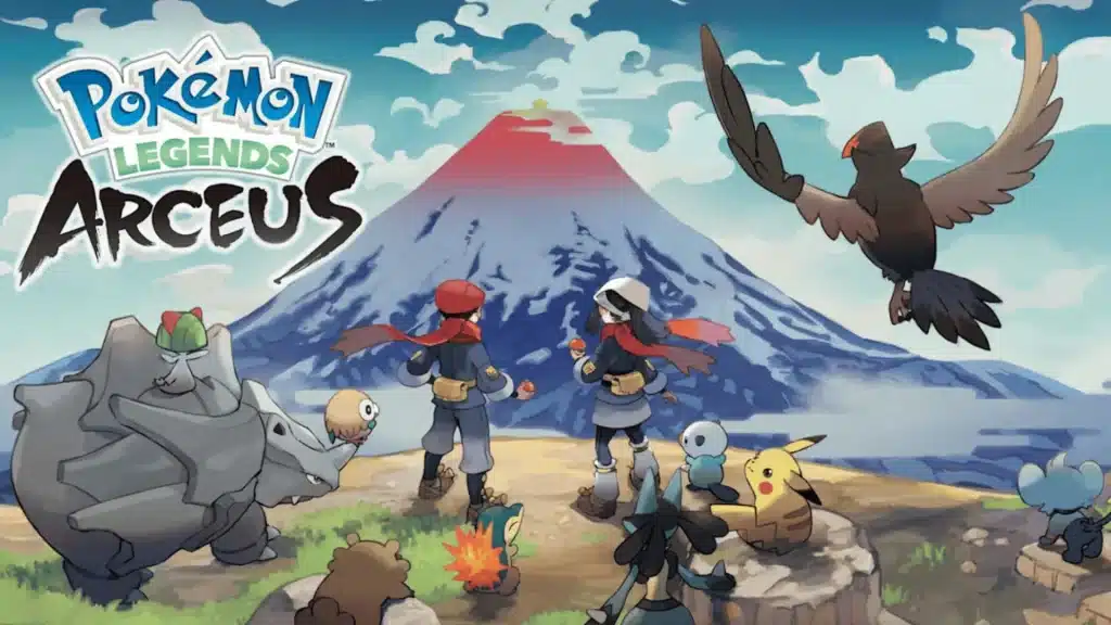 Pokemon Legends Arceus official artwork showing trainers facing Mount Coronet with various Pokemon in the Hisui region