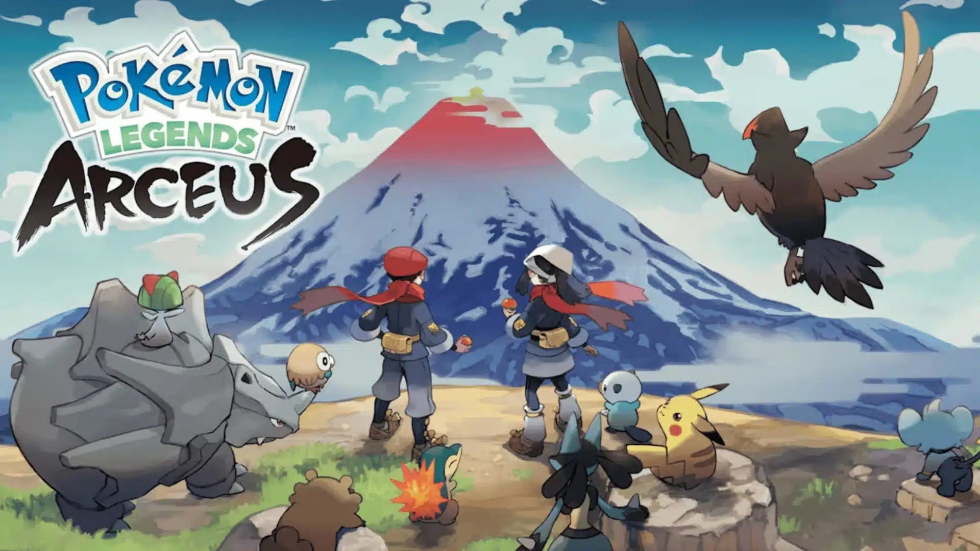 Pokemon Legends Arceus official artwork showing trainers facing Mount Coronet with various Pokemon in the Hisui region
