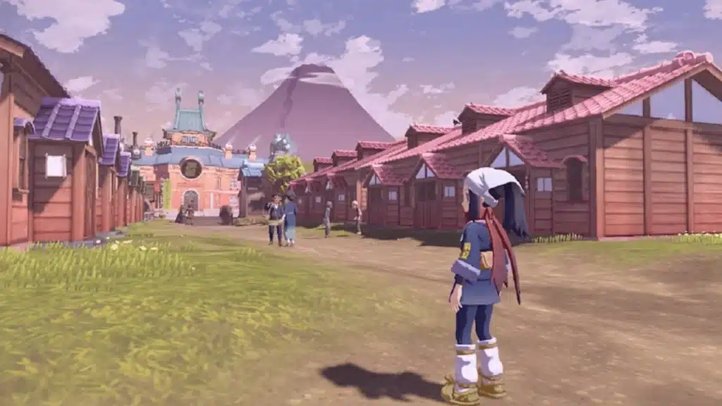 Pokemon Legends Arceus village scene showing Jubilife Village with player character and Mount Coronet in the background