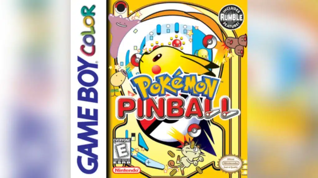 Pokemon Pinball Game Boy Color cover showing Pikachu, Meowth, and pinball artwork with rumble feature badge