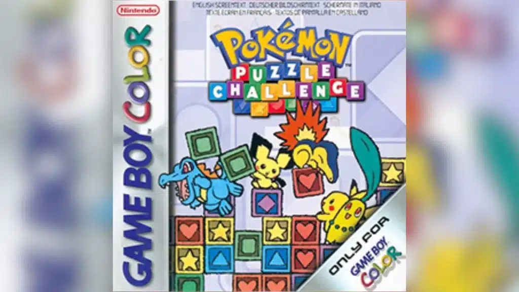 Pokemon Puzzle Challenge Game Boy Color cover showing Pikachu, Totodile and Cyndaquil with puzzle blocks