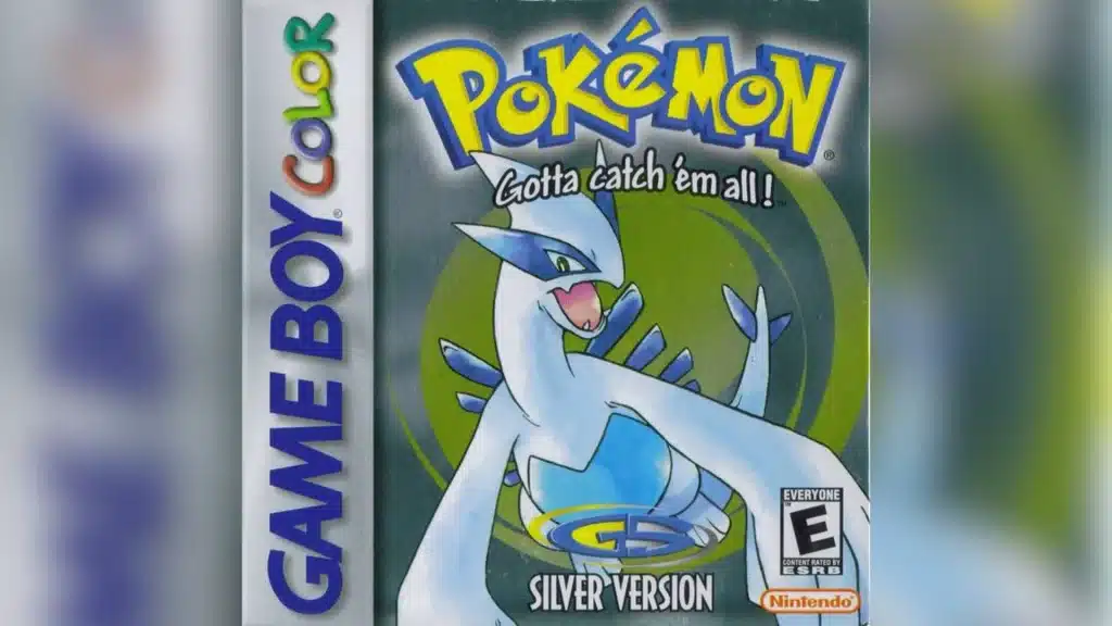 Pokemon Silver Version Game Boy Color box art featuring Lugia flying over a blue swirl background with classic Pokemon logo and tagline