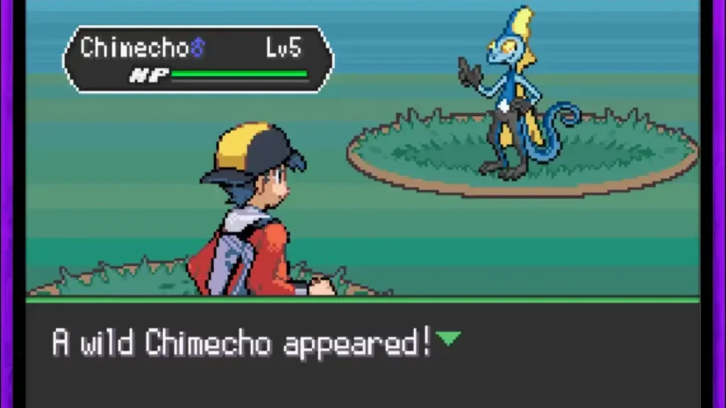 Pokemon battle screen showing trainer facing wild Chimecho Lv5 encounter in pixel gameplay