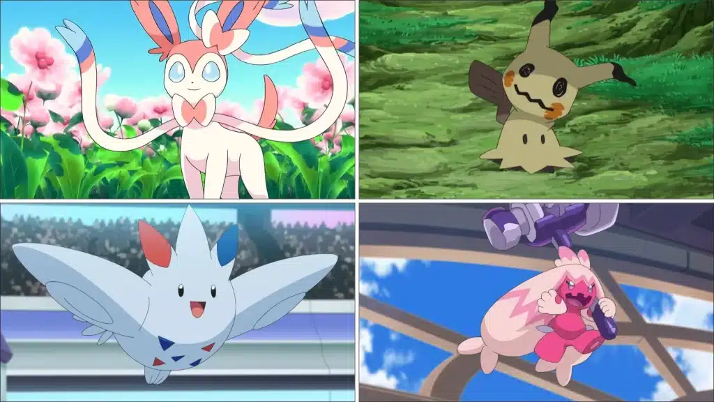 Popular Fairy type Pokemon including Sylveon, Mimikyu, Togekiss, and Tinkaton shown in anime scenes