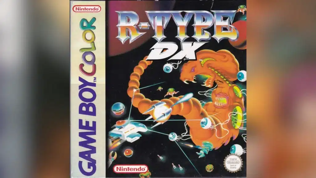 R-Type DX Game Boy Color cover showing a white spaceship battling orange alien creatures in outer space