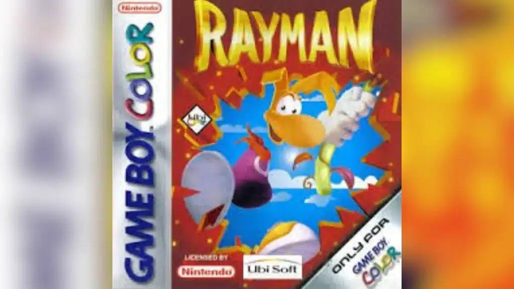Rayman Game Boy Color cover showing Rayman jumping through a torn red backdrop with Ubisoft branding