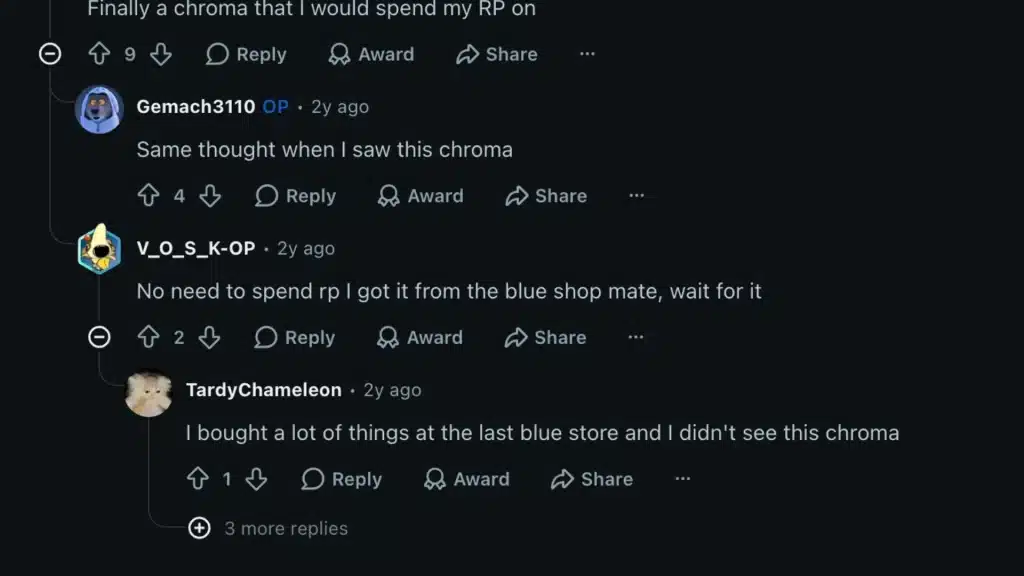 Reddit reactions showing players discussing PROJECT Warwick chromas, RP value, and availability through blue essence shop