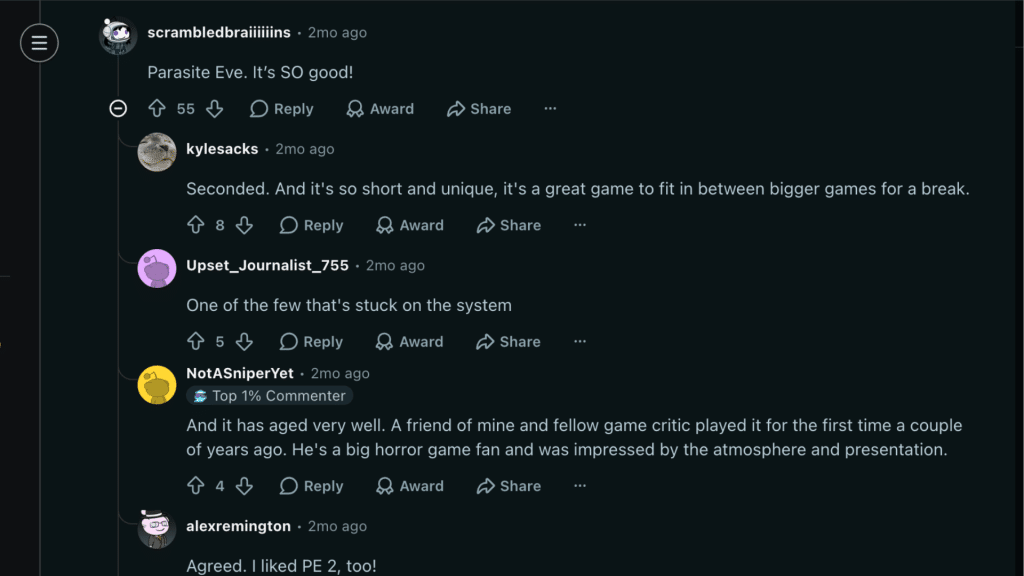 Reddit thread discussing Parasite Eve praise, comments highlighting gameplay, atmosphere, and lasting appeal