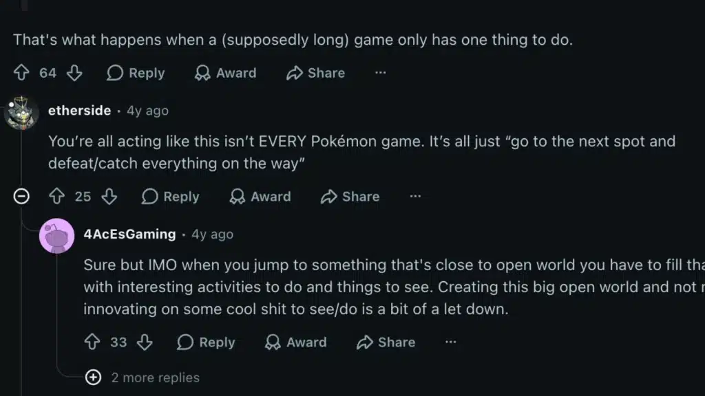 Reddit thread discussing Pokemon Legends Arceus gameplay and open world criticism