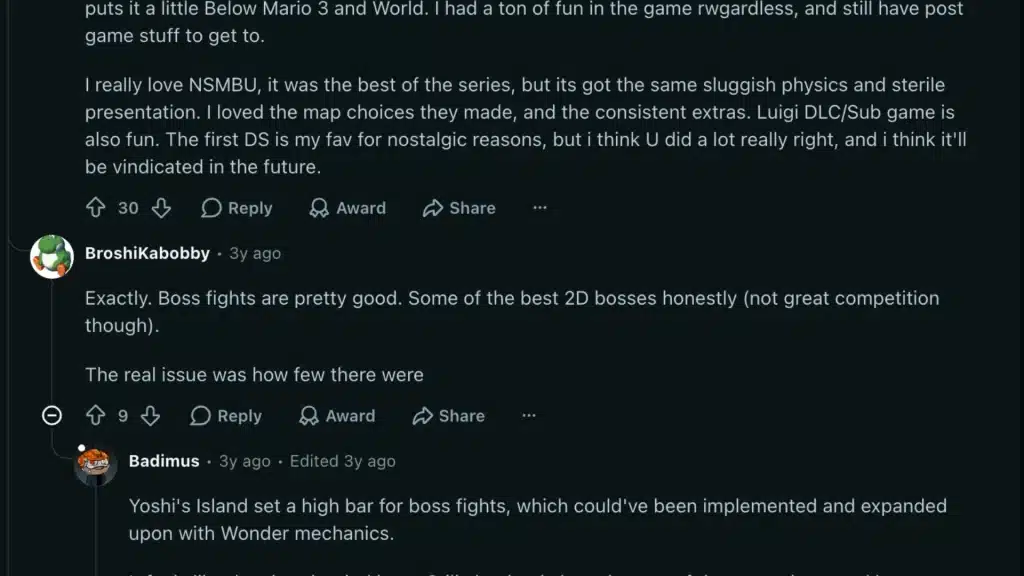 Reddit thread discussing Super Mario Bros. Wonder review, praising gameplay while criticizing limited boss fights and variety