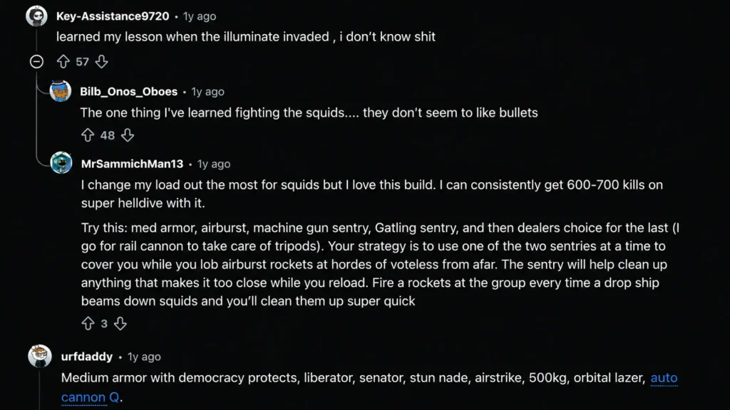 Reddit thread showing Helldivers 2 loadout discussion with player tips and strategies in dark mode