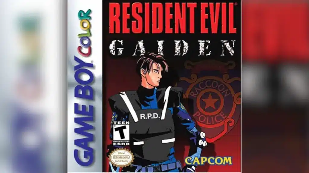 Resident Evil Gaiden Game Boy Color cover showing an R.P.D. officer against a dark red Capcom backdrop