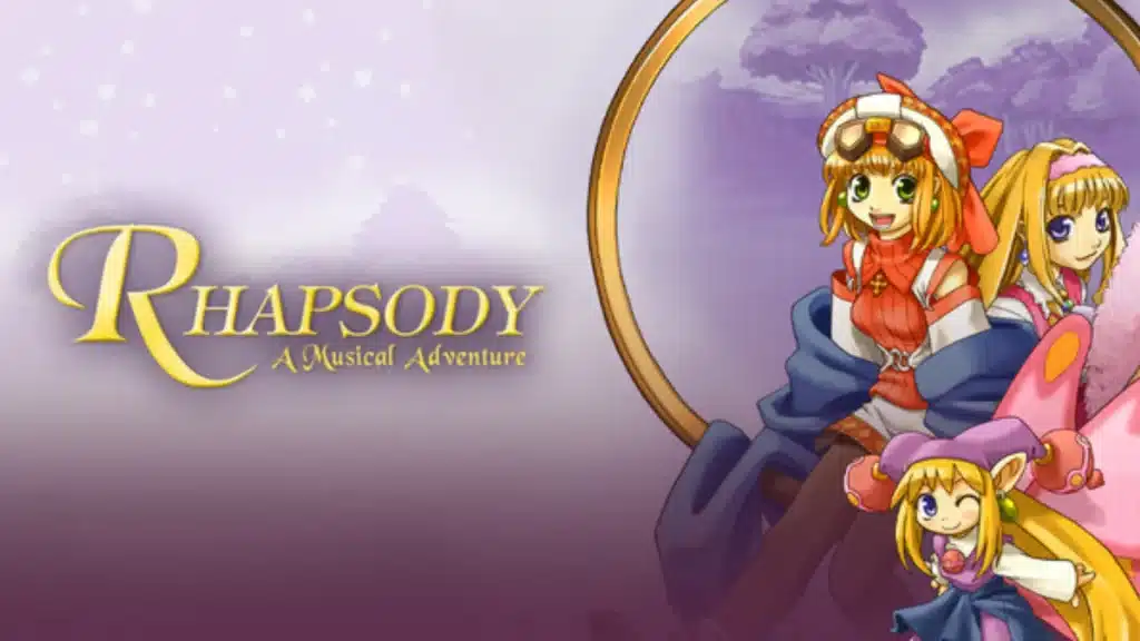 Rhapsody A Musical Adventure artwork with cheerful anime characters inside a circular frame and soft pastel background