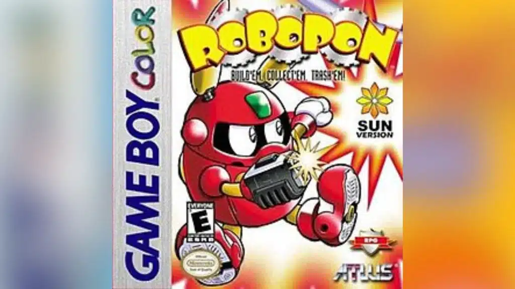 RoboPon Sun Version Game Boy Color cover showing a red robot firing a blaster with Atlus branding