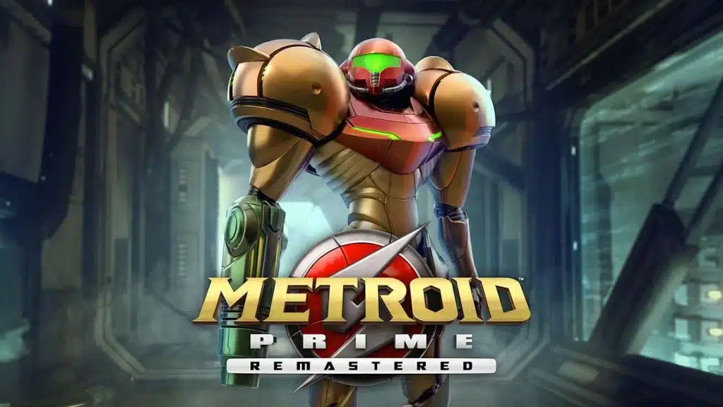 Samus Aran in Metroid Prime Remastered armor standing in a sci-fi corridor with the game logo displayed (1)