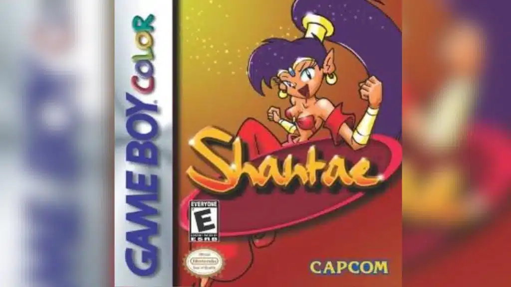 Shantae Advance Risky Revolution artwork featuring Shantae with long purple hair surrounded by supporting characters on a yellow grid background