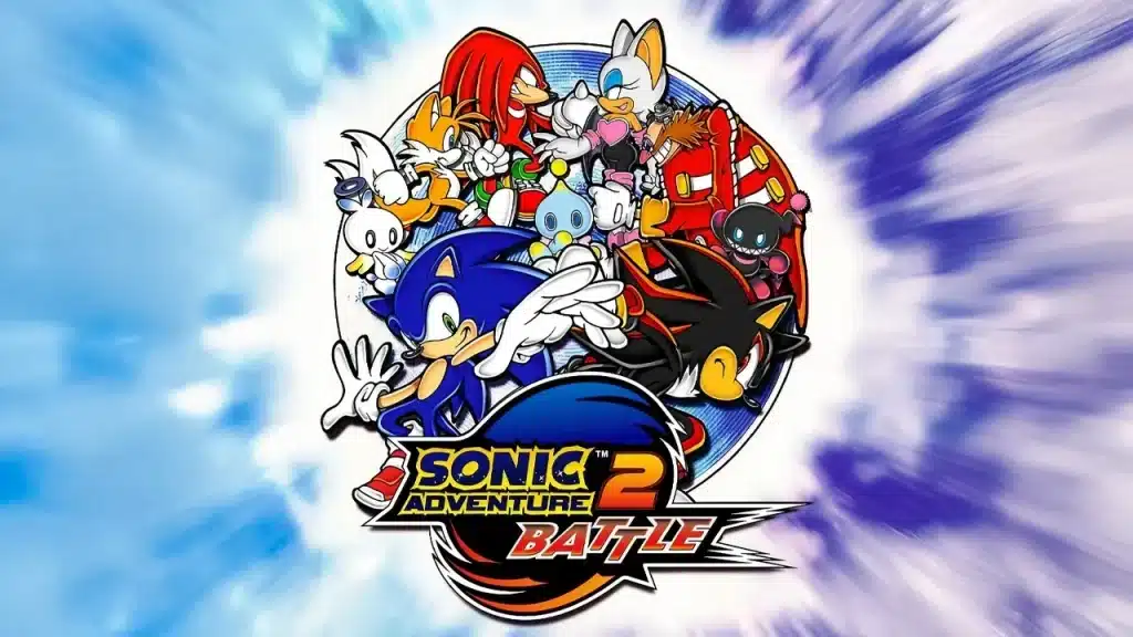 Sonic Adventure 2 Battle artwork showing Sonic, Shadow, and team with Chao against blue sky background