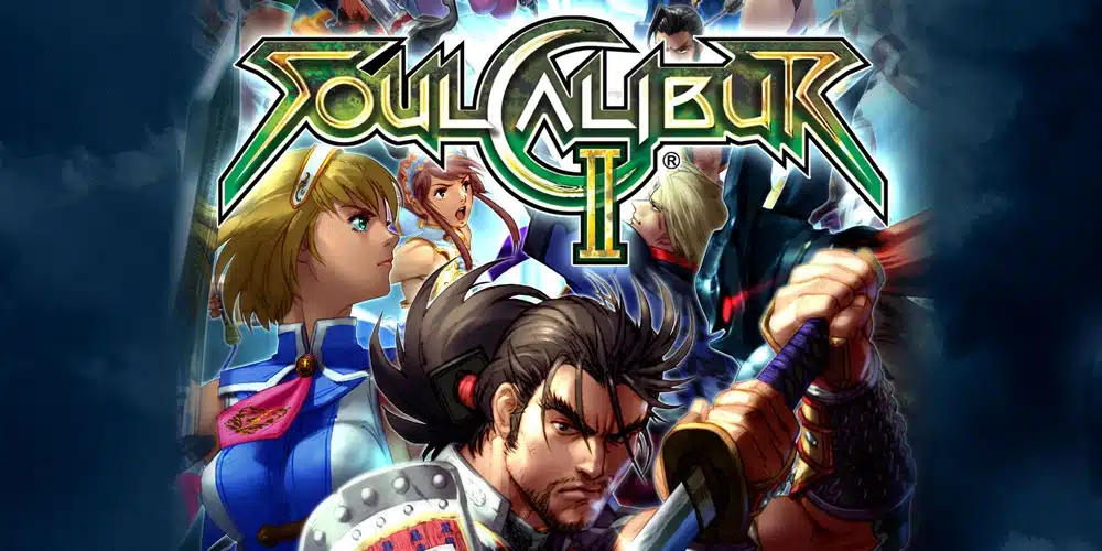 Soulcalibur II fighters in battle poses with swords drawn, featuring main characters and the game logo