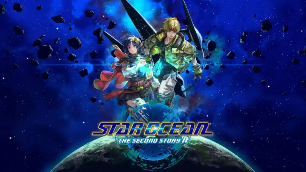 Star Ocean The Second Story artwork with two main characters in space, surrounded by stars and floating debris above a planet