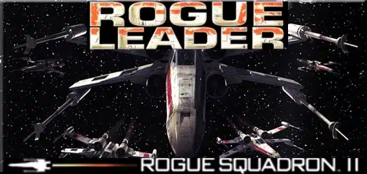 Star Wars Rogue Leader cover art showing X-wing fighters flying in space with bold title text above