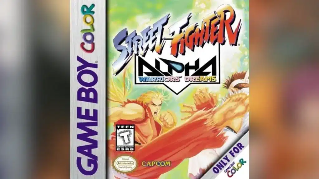 Street Fighter Alpha Warriors Dreams Game Boy Color cover showing Ken kicking during a fight scene