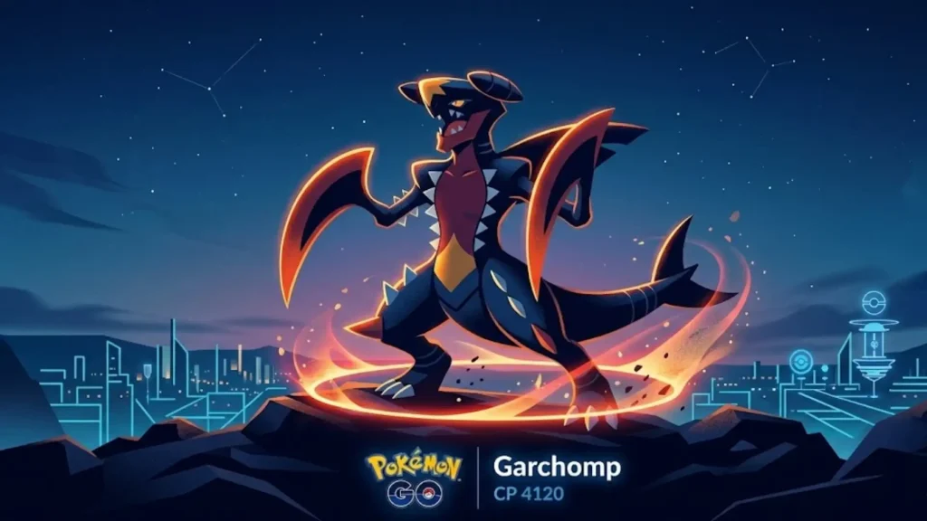 Stylized Garchomp under starry sky with glowing aura, city skyline behind and Pokémon GO branding
