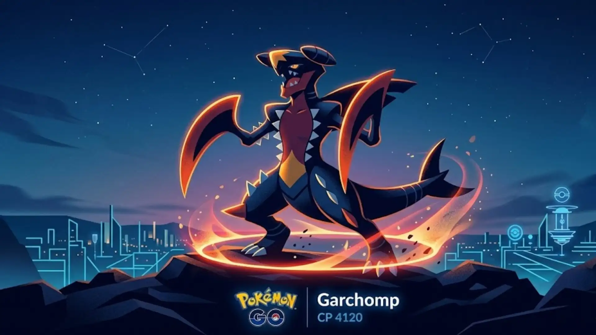 Stylized Garchomp under starry sky with glowing aura, city skyline behind and Pokémon GO branding