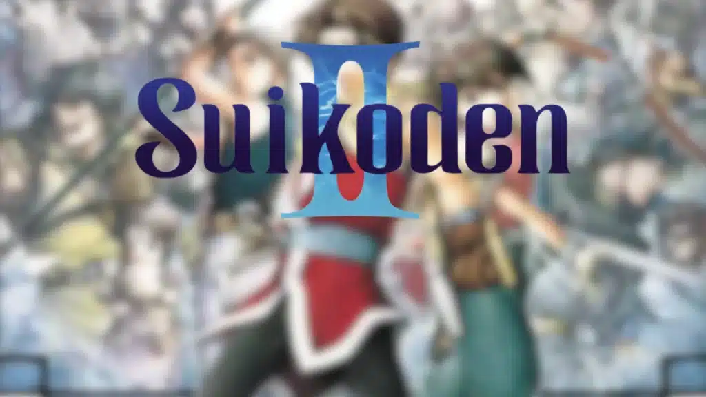 Suikoden II artwork with main characters in front and a detailed cast collage in the background showing allies and key figures
