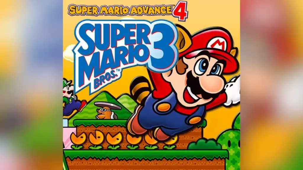 Super Mario Advance 4 Super Mario Bros 3 art with Raccoon Mario flying over a level with Luigi and a Monty Mole