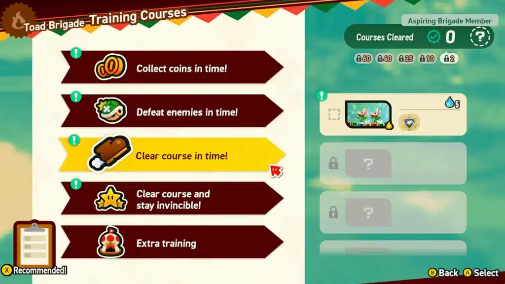 Super Mario Bros Wonder Toad Brigade training menu showing timed challenges like collect coins, defeat enemies, and clear courses