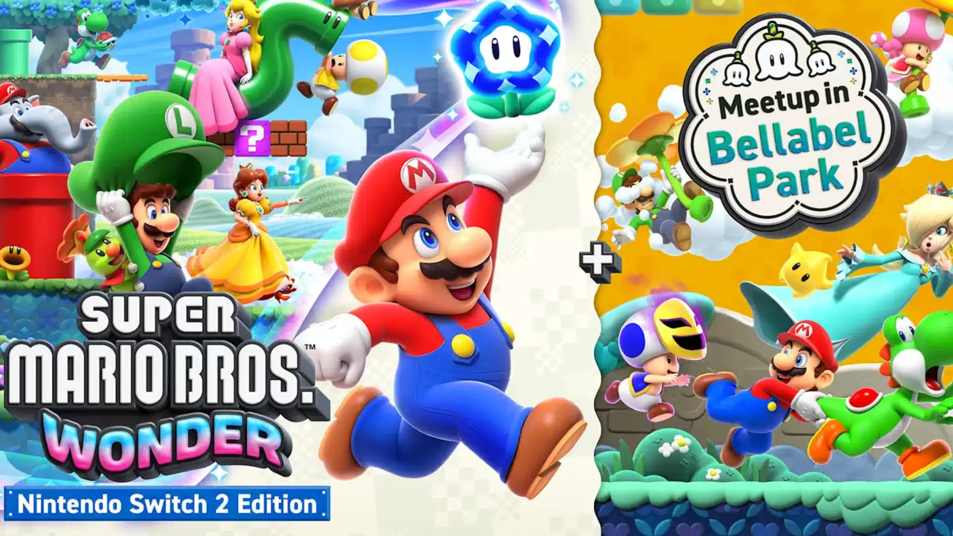 Super Mario Bros Wonder promotional image showing Mario, Luigi, Peach, Daisy, and Yoshi with Wonder Flower and Bellabel Park content on Nintendo Switch