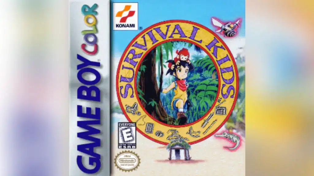 Survival Kids Game Boy Color cover showing a young hero in a jungle scene with animals and Konami branding