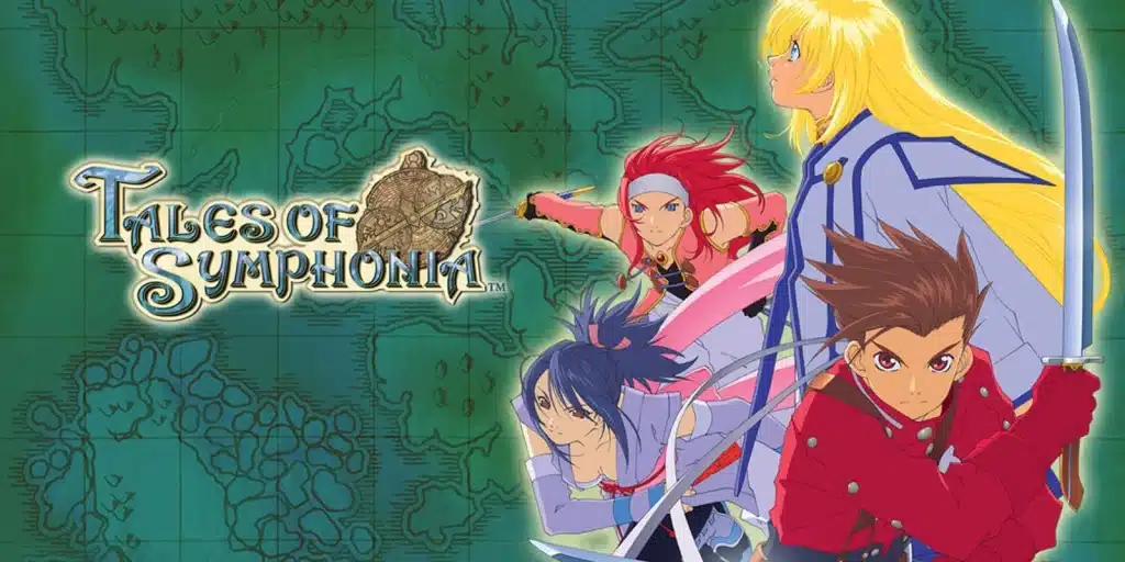 Tales of Symphonia characters Lloyd, Colette, and party posed over a map background with game logo on left