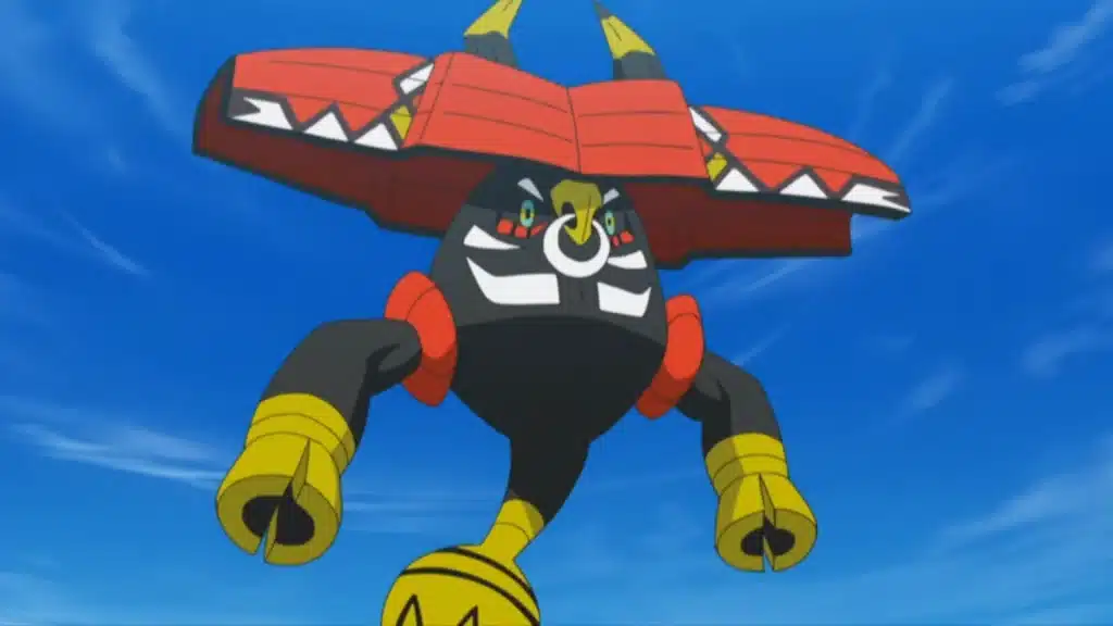 Tapu Bulu in battle stance from the Pokemon anime, showing its Grass and Fairy type guardian form