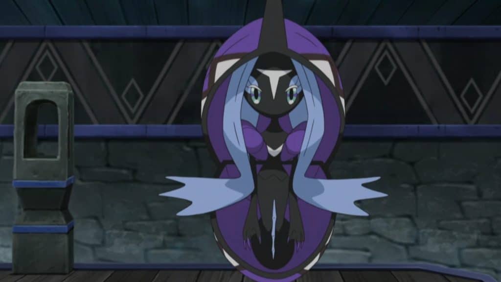 Tapu Fini in its shell form from the Pokemon anime, showing its Water and Fairy type guardian design