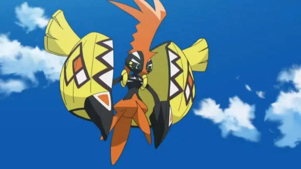 Tapu Koko in action from the Pokemon anime, showing its guardian form and electric Fairy type power
