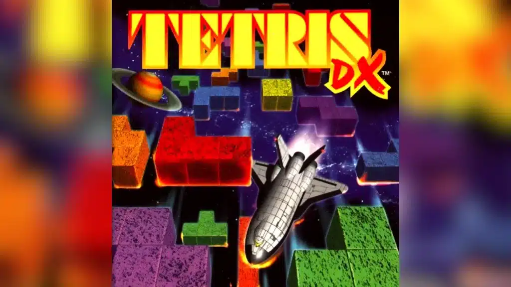 Tetris DX cover art showing colorful falling puzzle blocks and a space shuttle on a dark space background