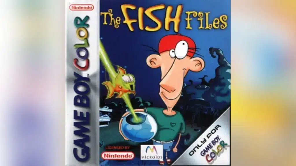 The Fish Files Game Boy Color cover showing a cartoon man beside a fish in a bowl and Microids branding