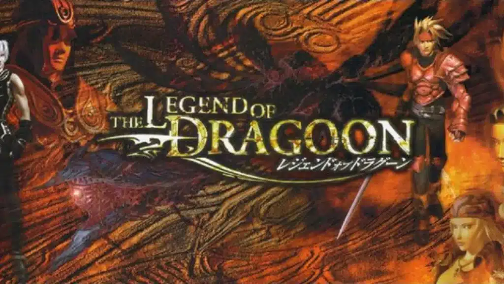 The Legend of Dragoon artwork with main characters and dragon imagery, featuring fiery tones and the game title centered