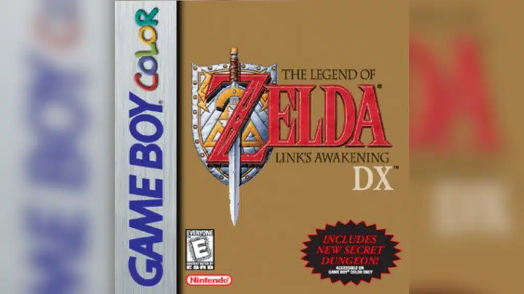 The Legend of Zelda Links Awakening DX Game Boy Color box art featuring Link with sword and shield beside island with giant egg and logo
